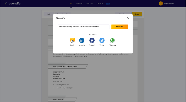 Creating a CV with Reventify -  Step 11: Download or share your CV