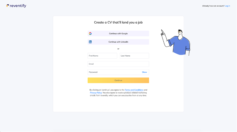 Creating a CV with Reventify -  Step 2 register via Google, LinkedIn or via an email address