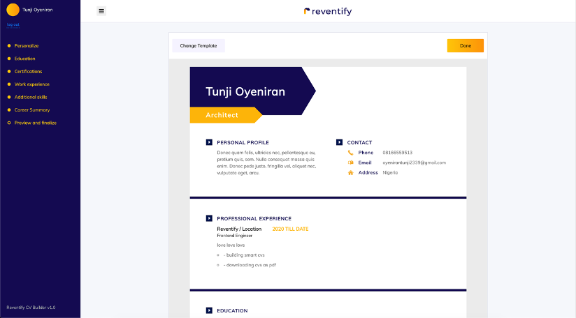 Creating a CV with Reventify -  Step 10: Preview & Edit CV