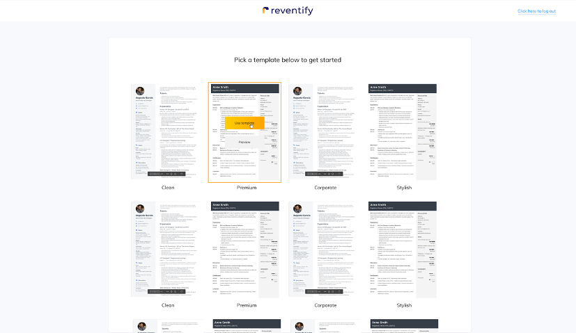 Creating a CV with Reventify -  Step 2 Choose a CV Template