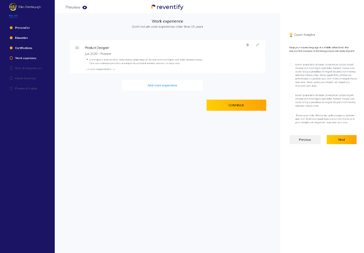 Creating a CV with Reventify - Step 7: Add Work experience 2