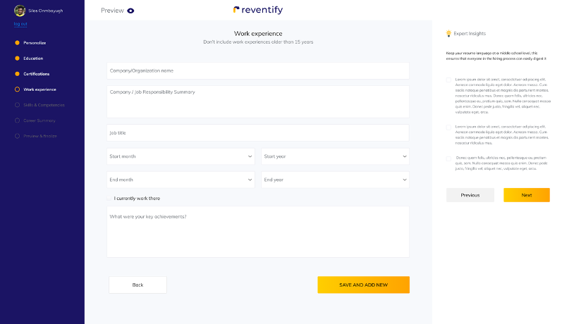 Creating a CV with Reventify - Step 7: Add Work experience