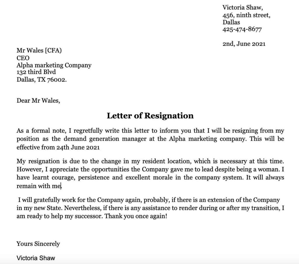 Samples Of A Resignation Letter - IMAGESEE