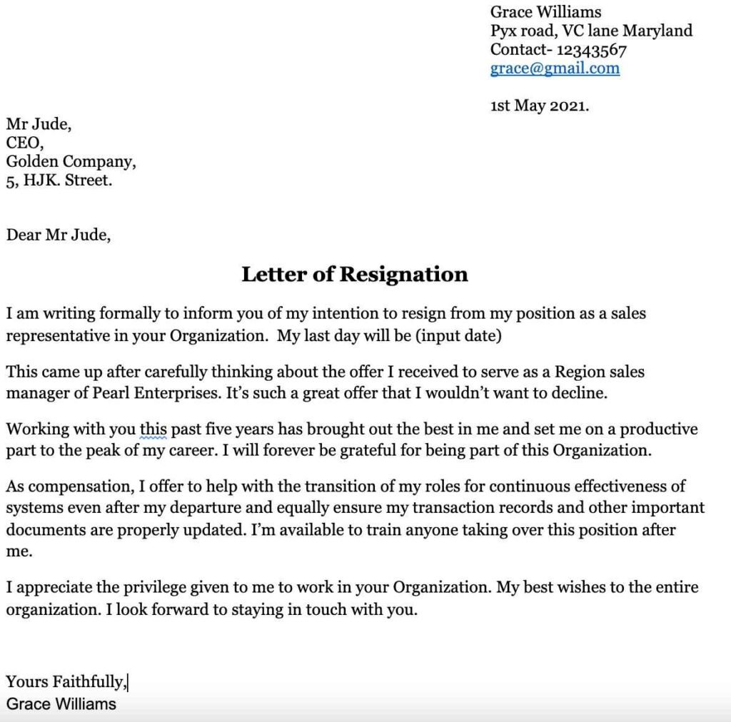 sample cover letter for resignation email