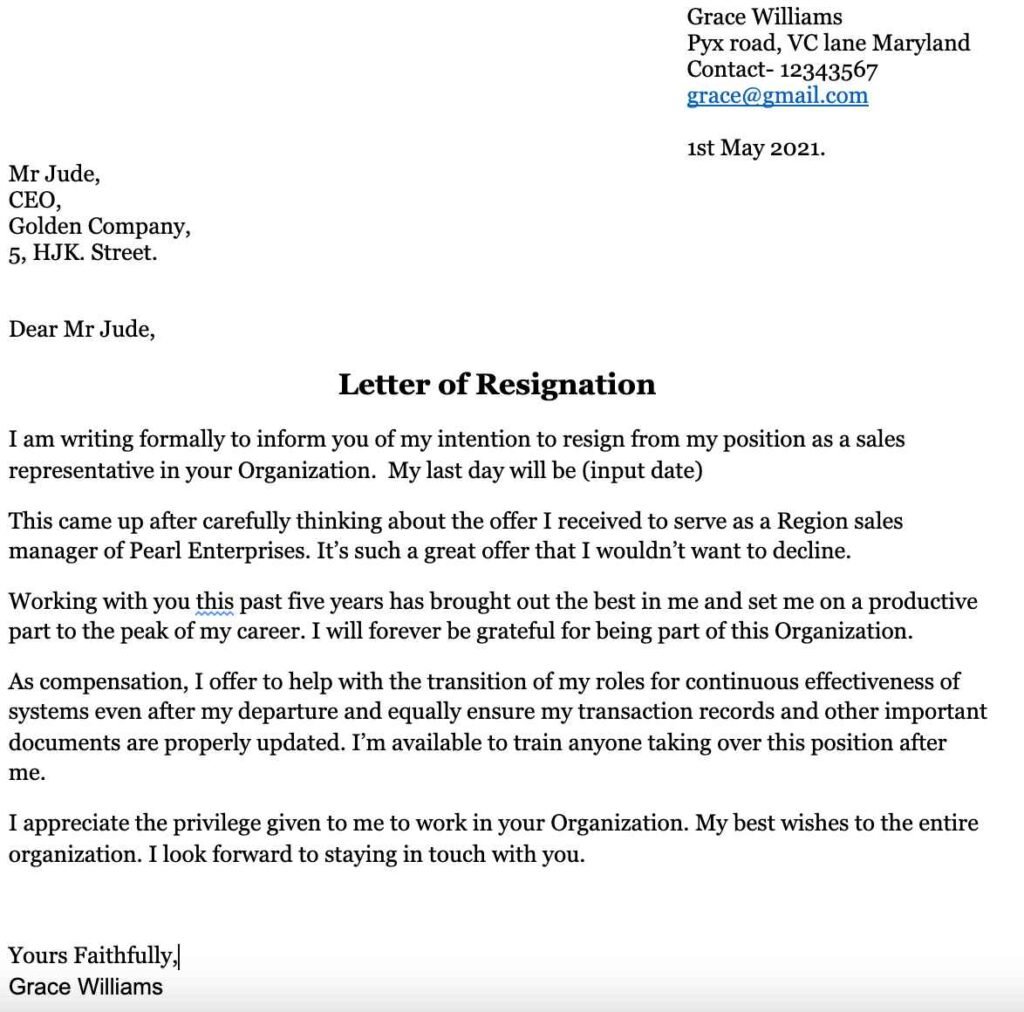 resignation letter sample sales associate